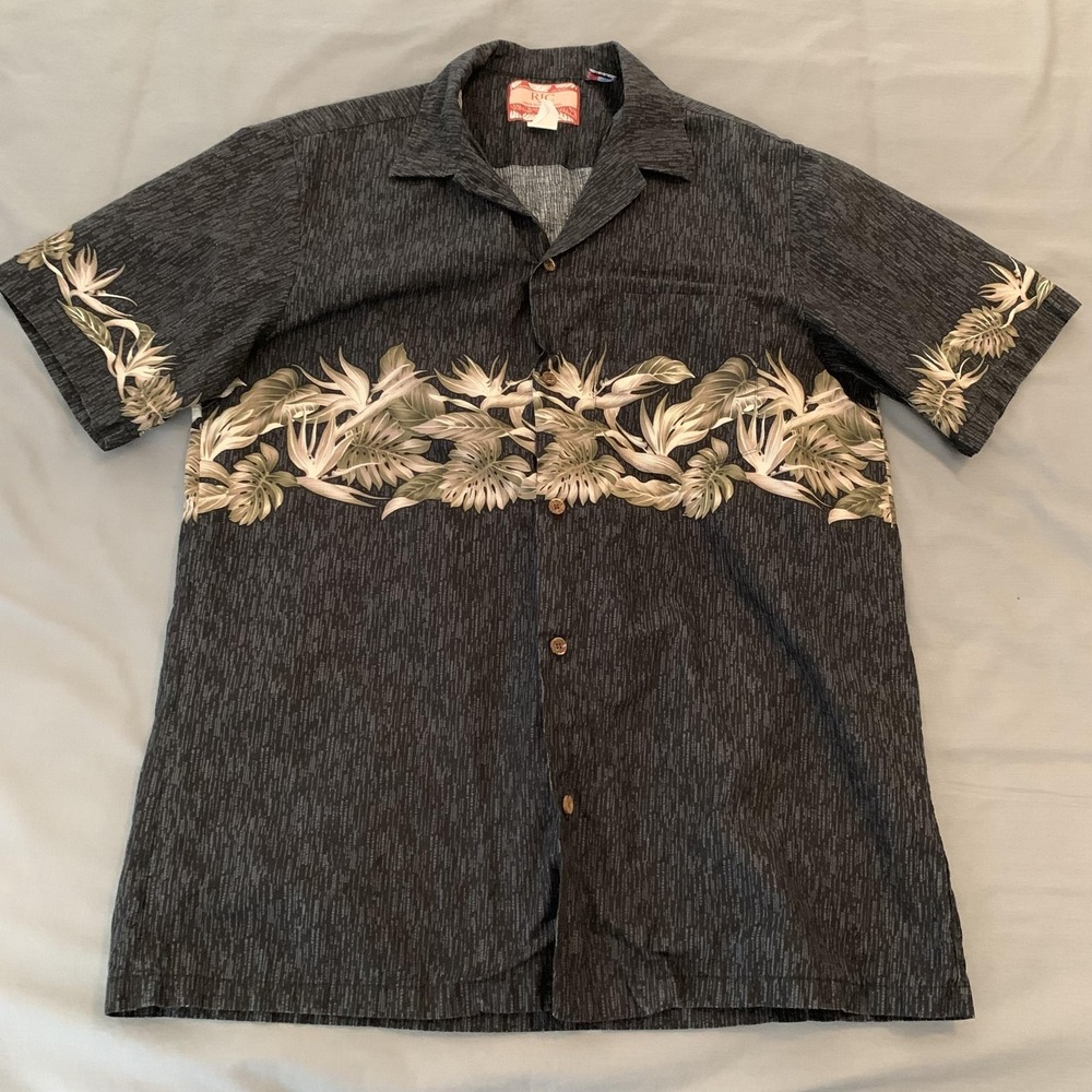 RJC Shirt Mens Large Black Hawaiian Floral Band Short Sleeve Button Front